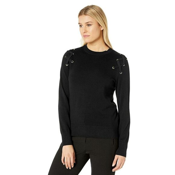 New! MICHAEL KORS Women's Grommet Lace-up Black Sweater Cotton-Blend Size Small - Picture 6 of 8
